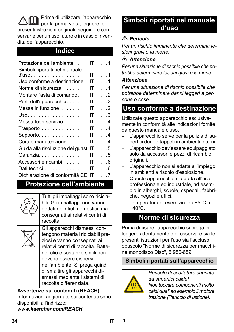 Italiano, Indice, Protezione dell’ambiente | Karcher BDS 43-180 C User Manual | Page 24 / 204