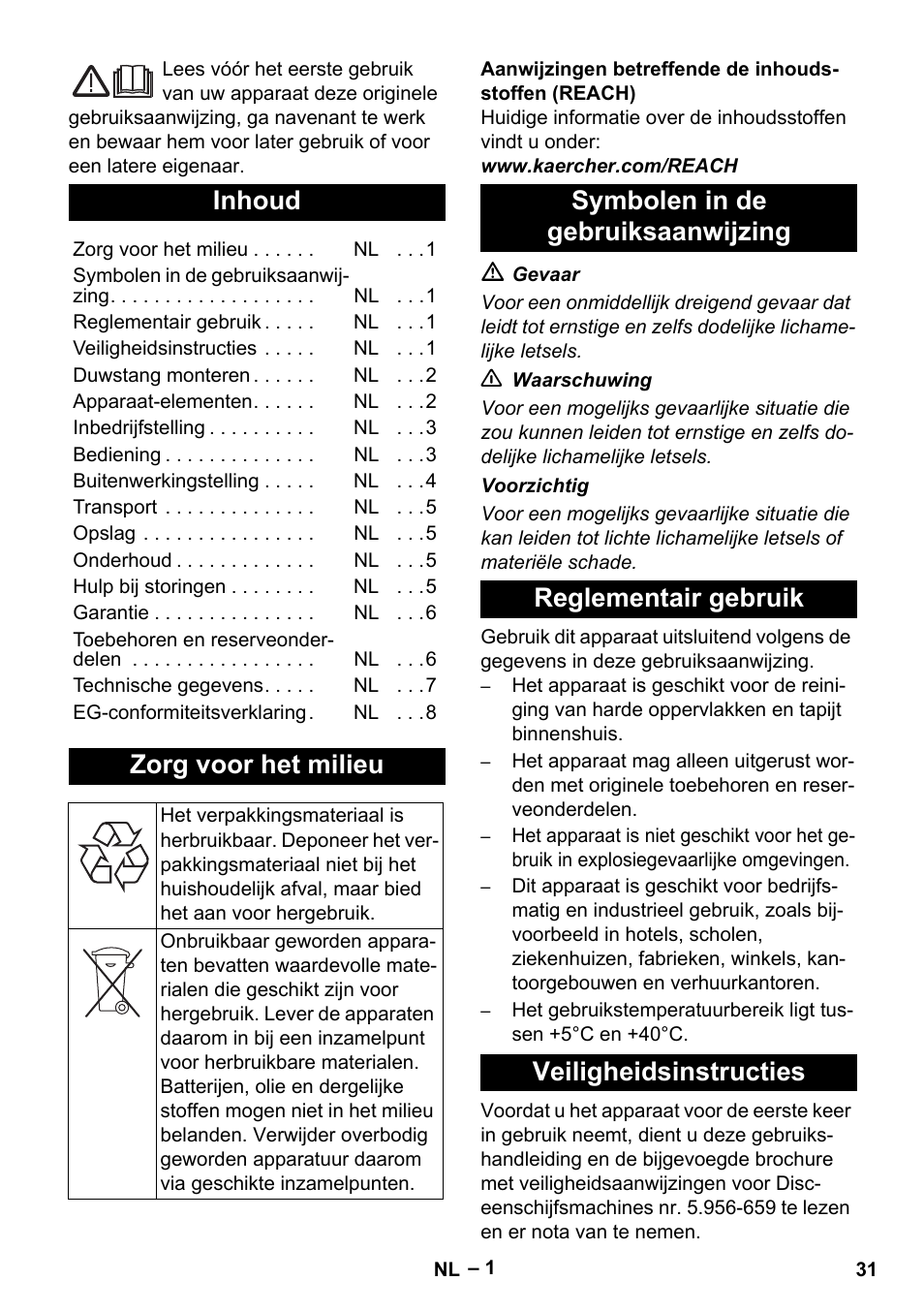 Nederlands, Inhoud, Zorg voor het milieu | Karcher BDS 43-180 C User Manual | Page 31 / 204