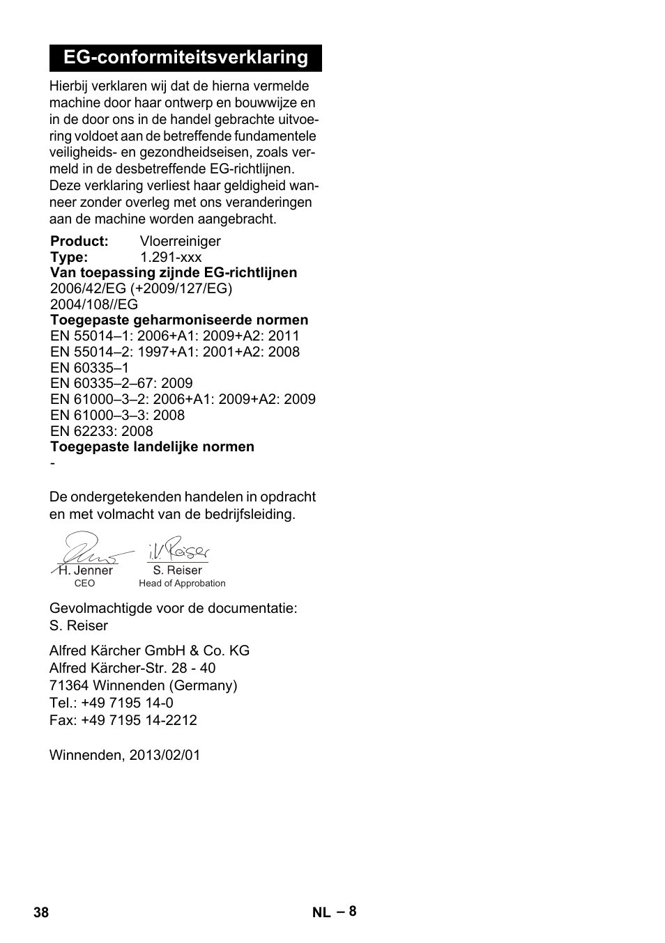 Eg-conformiteitsverklaring | Karcher BDS 43-180 C User Manual | Page 38 / 204