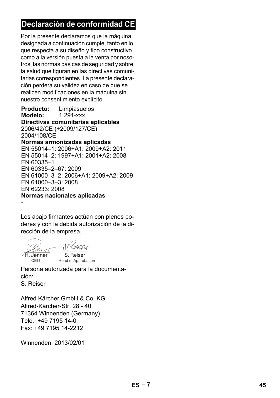 Declaración de conformidad ce | Karcher BDS 43-180 C User Manual | Page 45 / 204