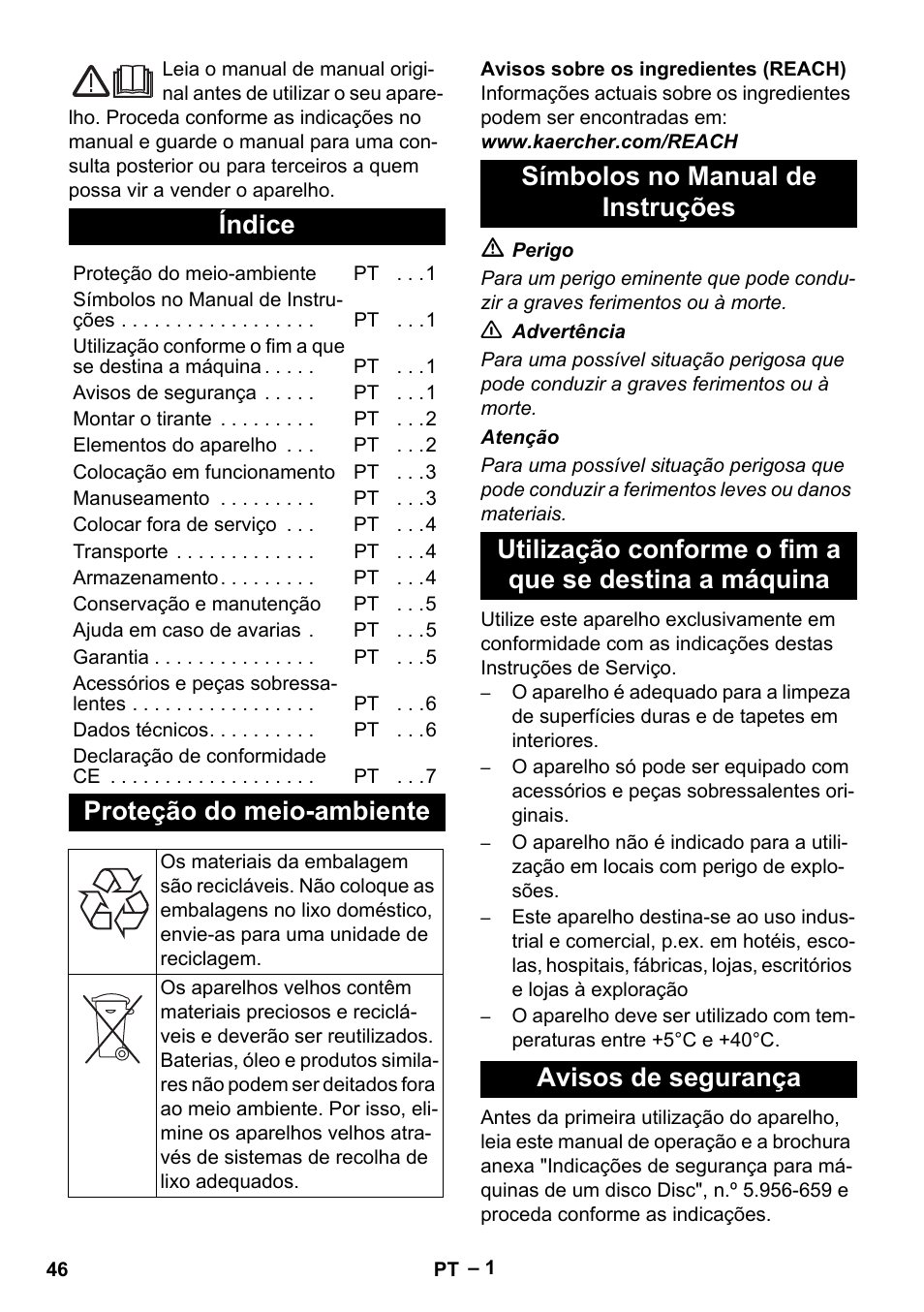 Português, Índice, Proteção do meio-ambiente | Karcher BDS 43-180 C User Manual | Page 46 / 204