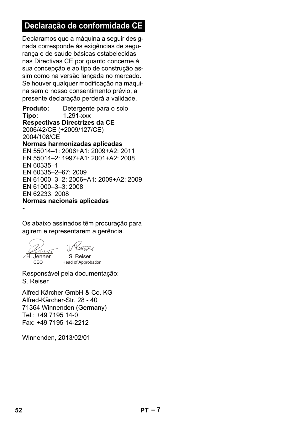 Declaração de conformidade ce | Karcher BDS 43-180 C User Manual | Page 52 / 204