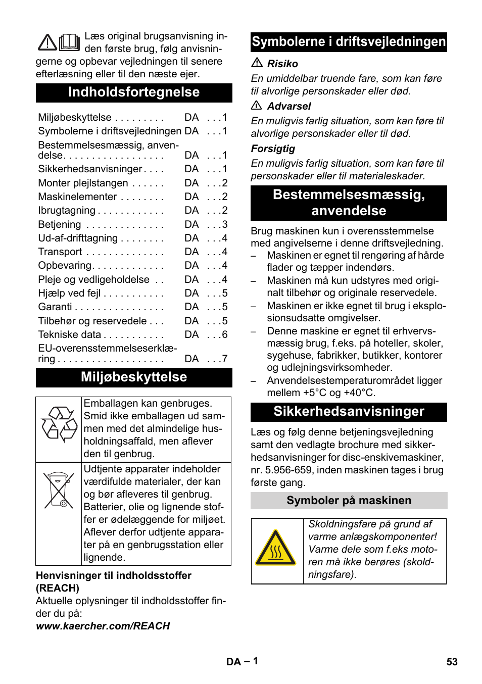 Dansk, Indholdsfortegnelse, Miljøbeskyttelse | Karcher BDS 43-180 C User Manual | Page 53 / 204