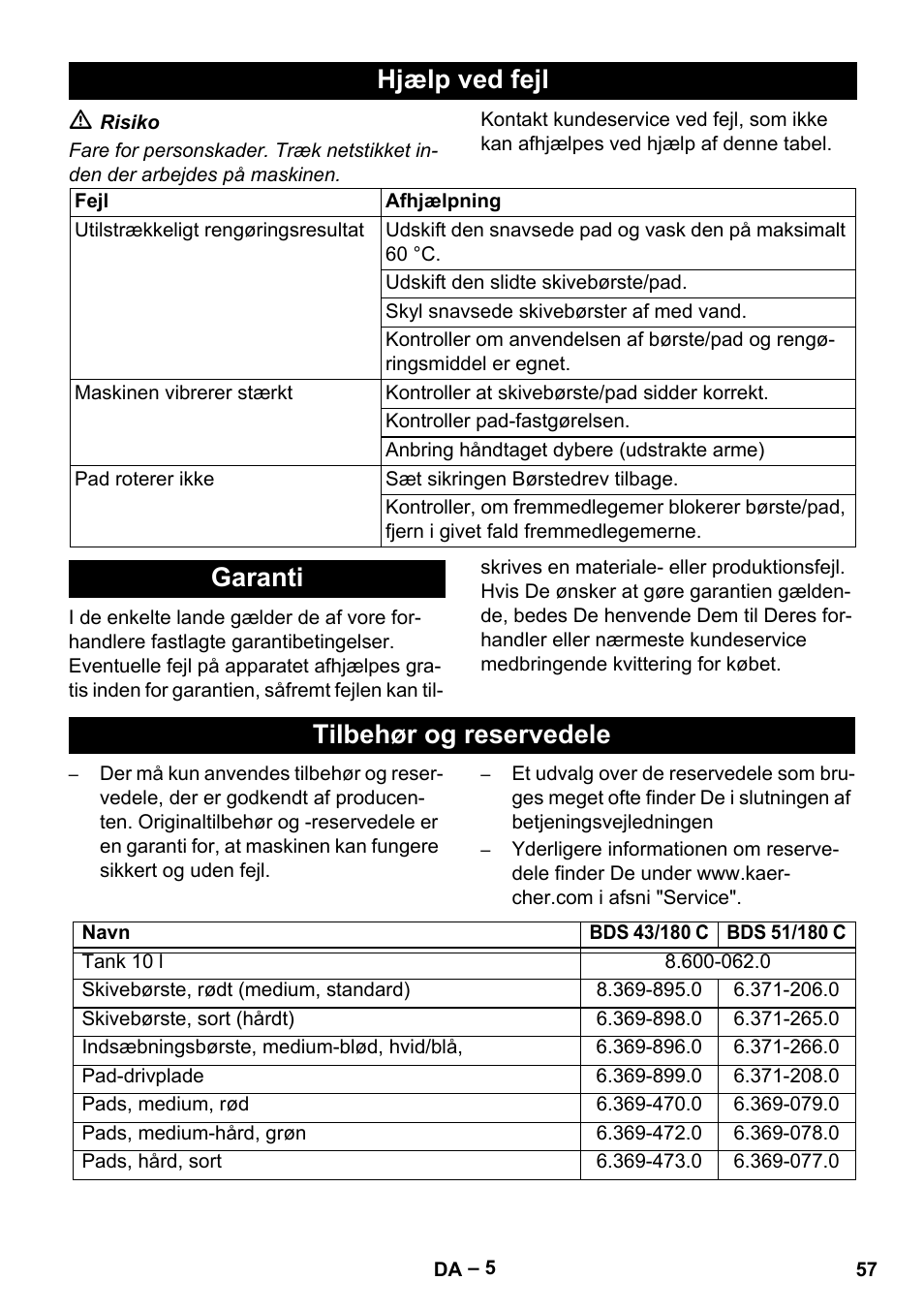 Hjælp ved fejl, Garanti tilbehør og reservedele | Karcher BDS 43-180 C User Manual | Page 57 / 204