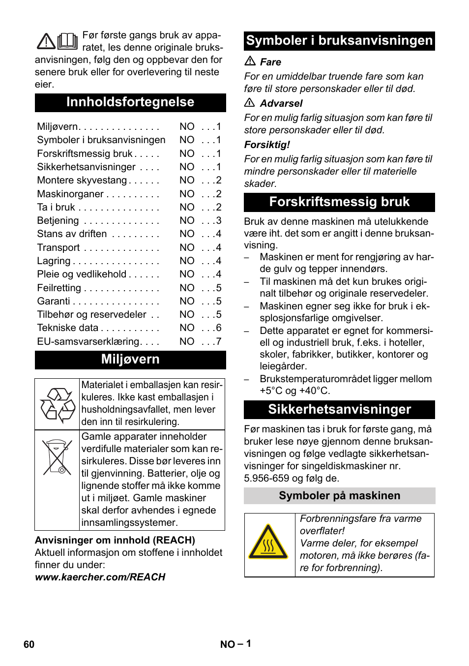 Norsk, Innholdsfortegnelse, Miljøvern | Karcher BDS 43-180 C User Manual | Page 60 / 204