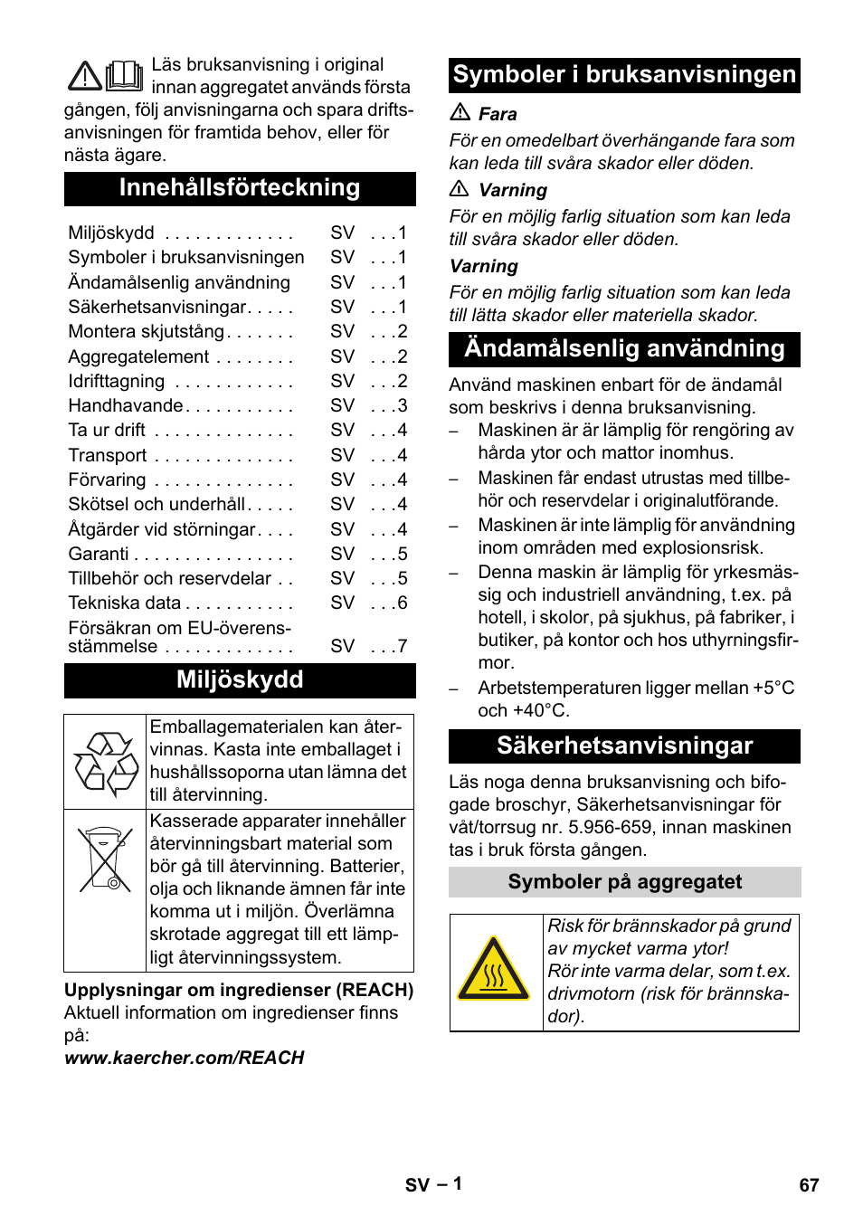 Svenska, Innehållsförteckning, Miljöskydd | Karcher BDS 43-180 C User Manual | Page 67 / 204