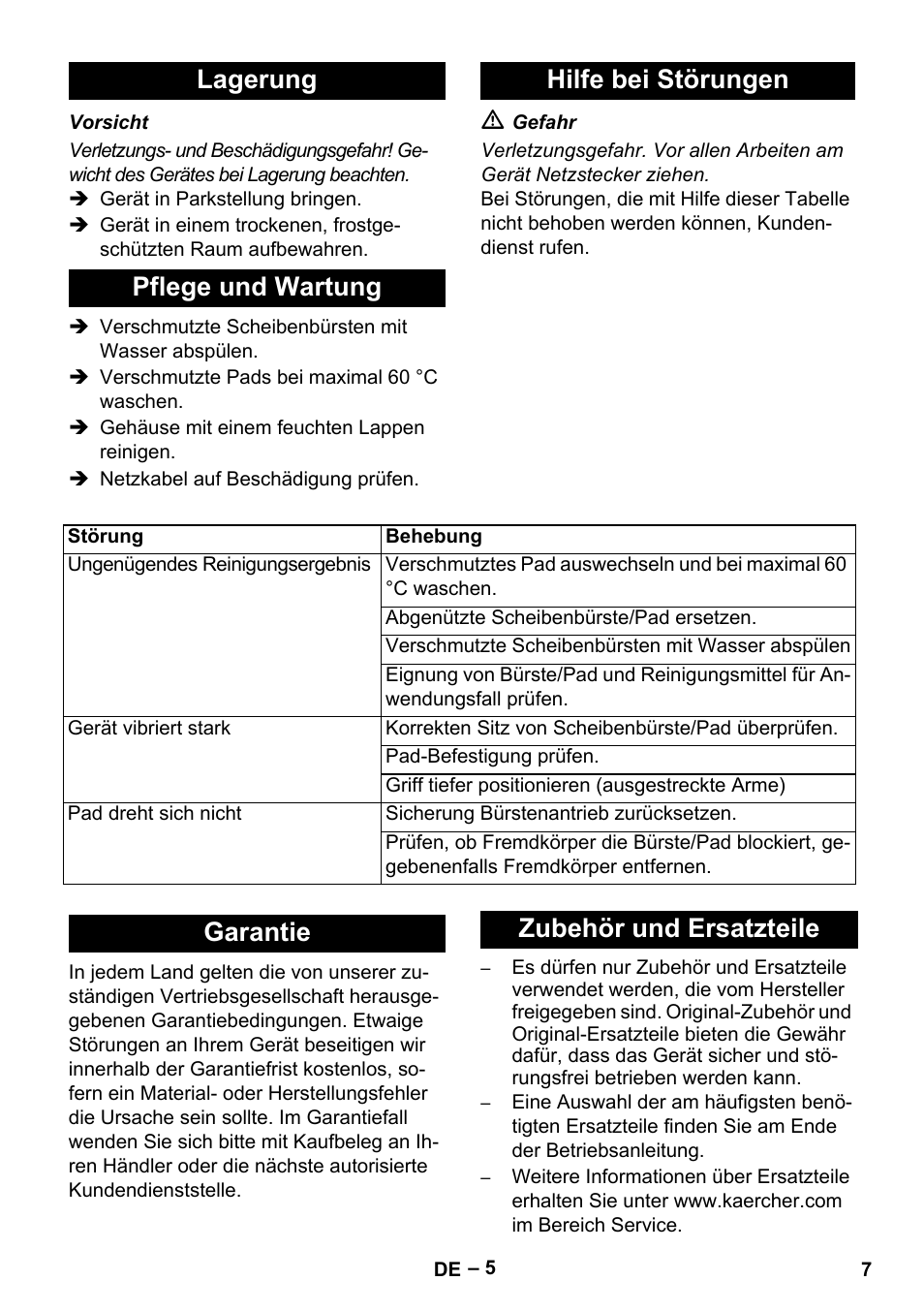 Lagerung pflege und wartung hilfe bei störungen, Garantie zubehör und ersatzteile | Karcher BDS 43-180 C User Manual | Page 7 / 204