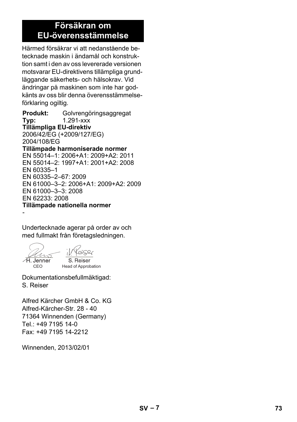 Försäkran om eu-överensstämmelse | Karcher BDS 43-180 C User Manual | Page 73 / 204