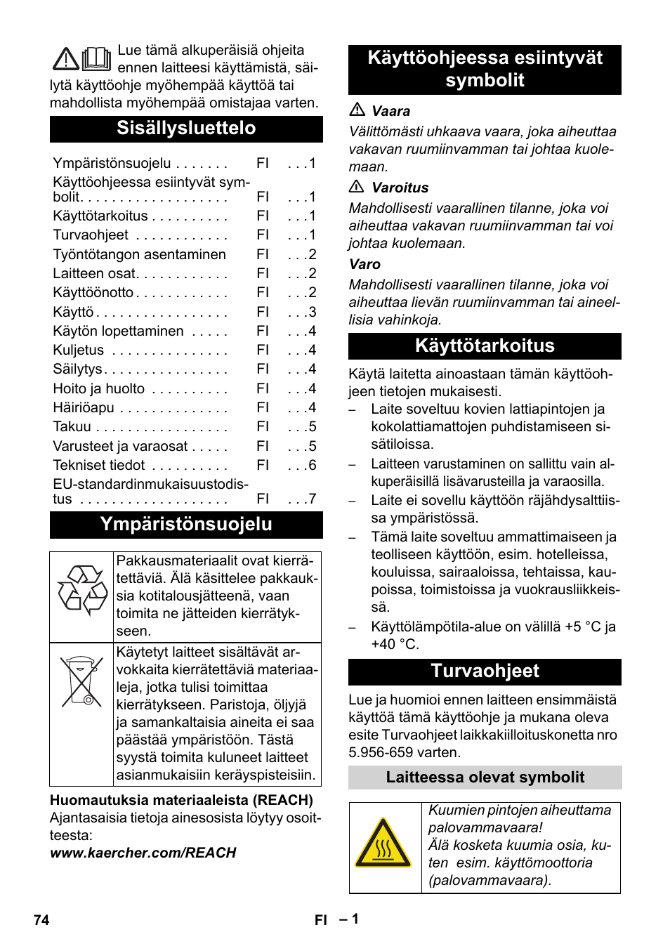 Suomi, Sisällysluettelo, Ympäristönsuojelu | Karcher BDS 43-180 C User Manual | Page 74 / 204
