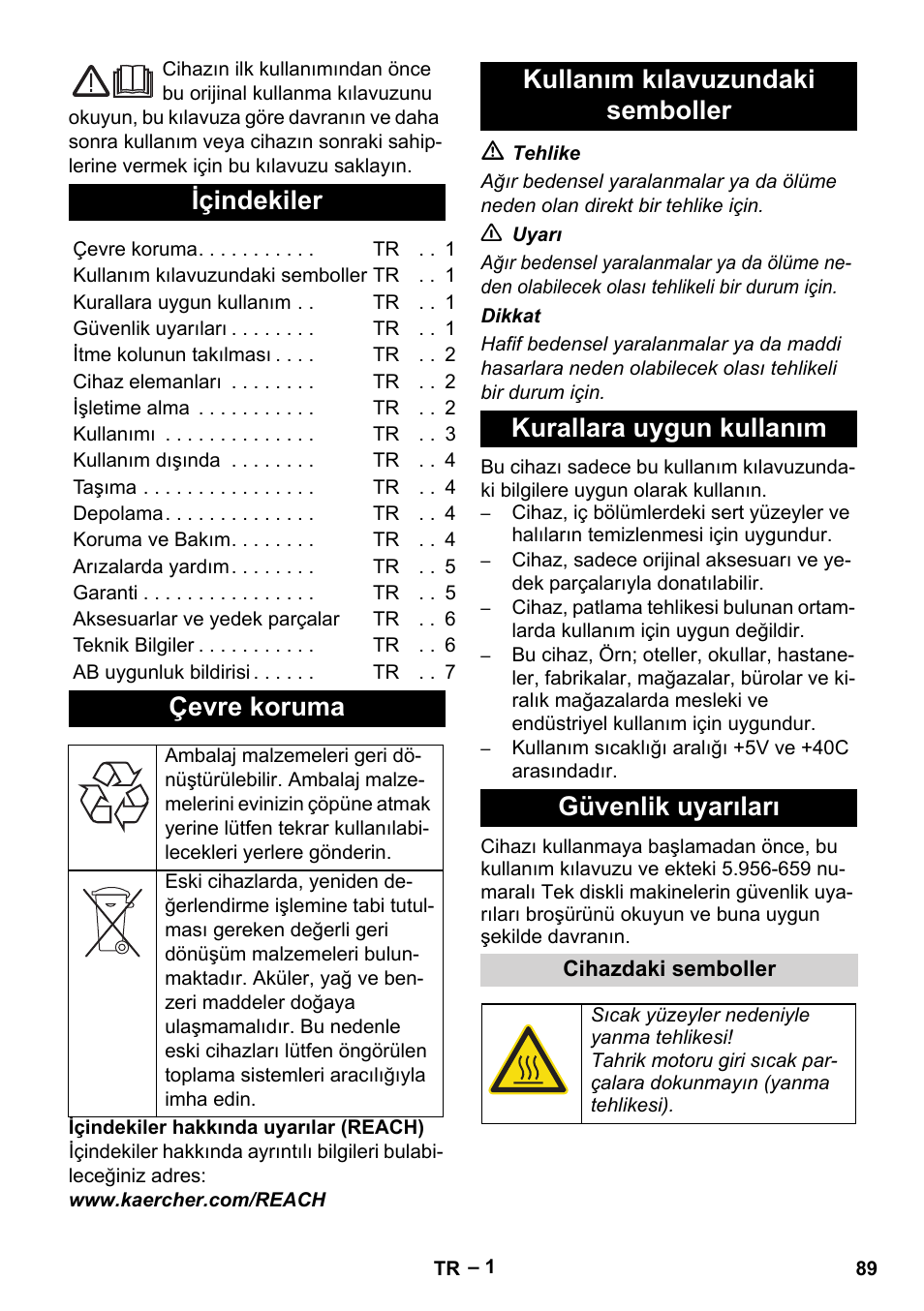 Türkçe, Içindekiler, Çevre koruma | Karcher BDS 43-180 C User Manual | Page 89 / 204