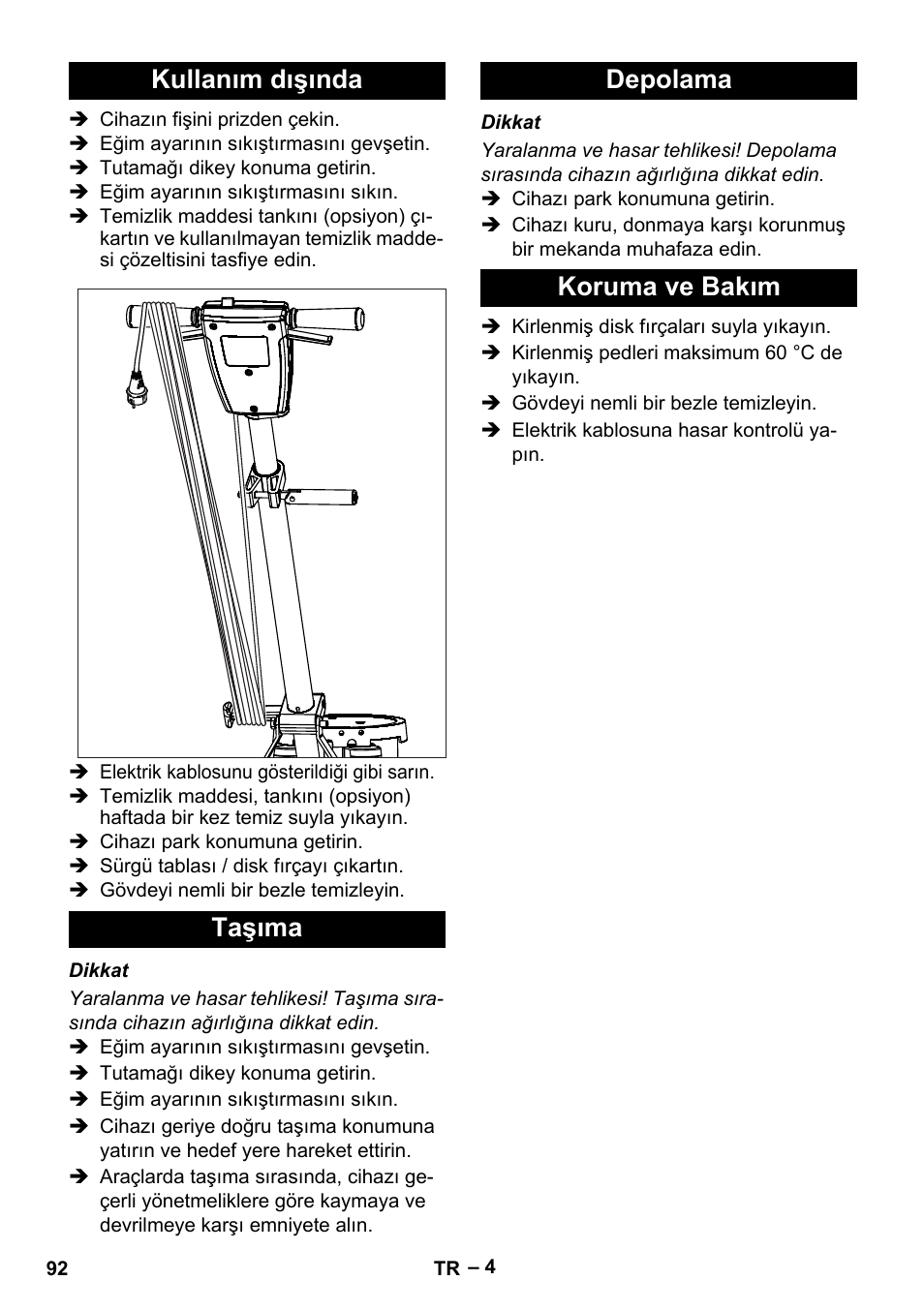 Kullanım dışında taşıma depolama koruma ve bakım | Karcher BDS 43-180 C User Manual | Page 92 / 204