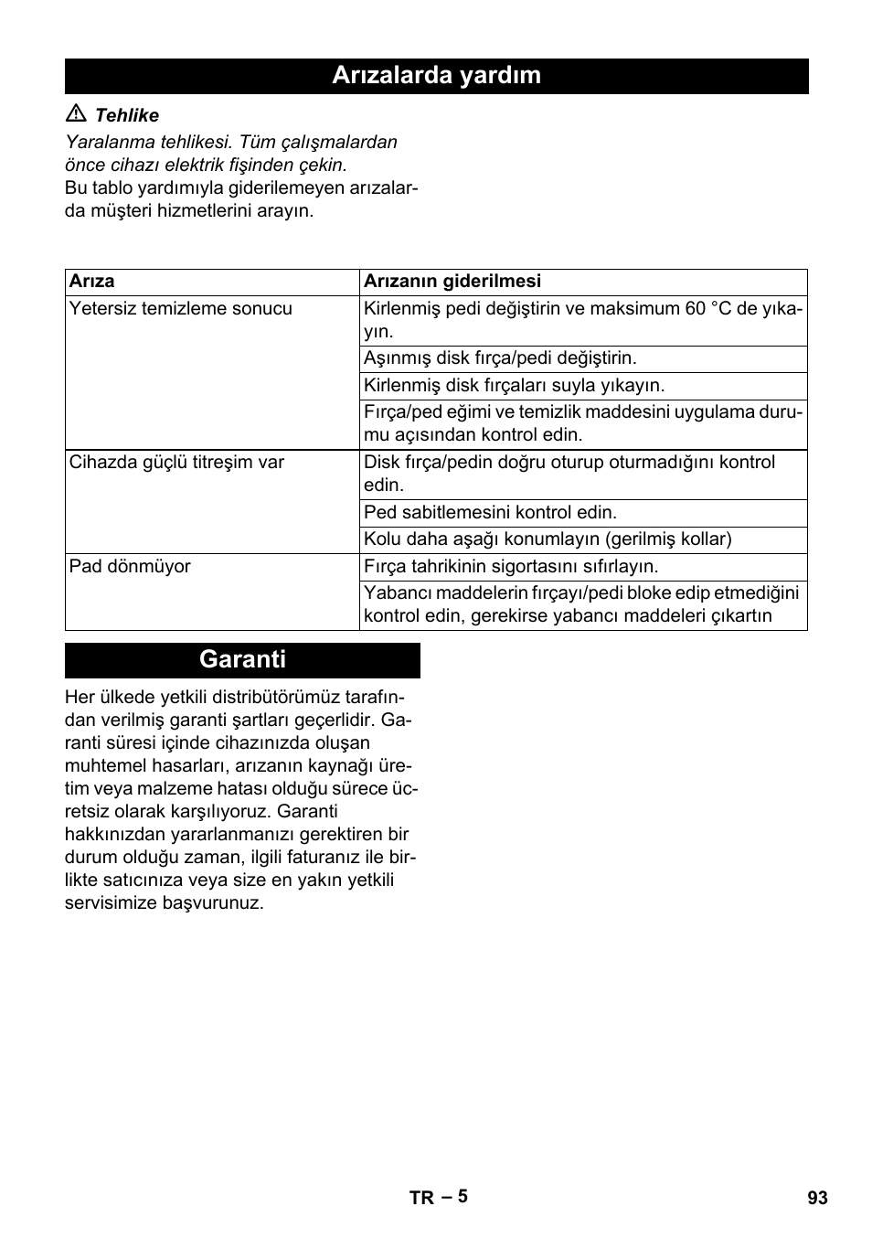 Arızalarda yardım, Garanti | Karcher BDS 43-180 C User Manual | Page 93 / 204