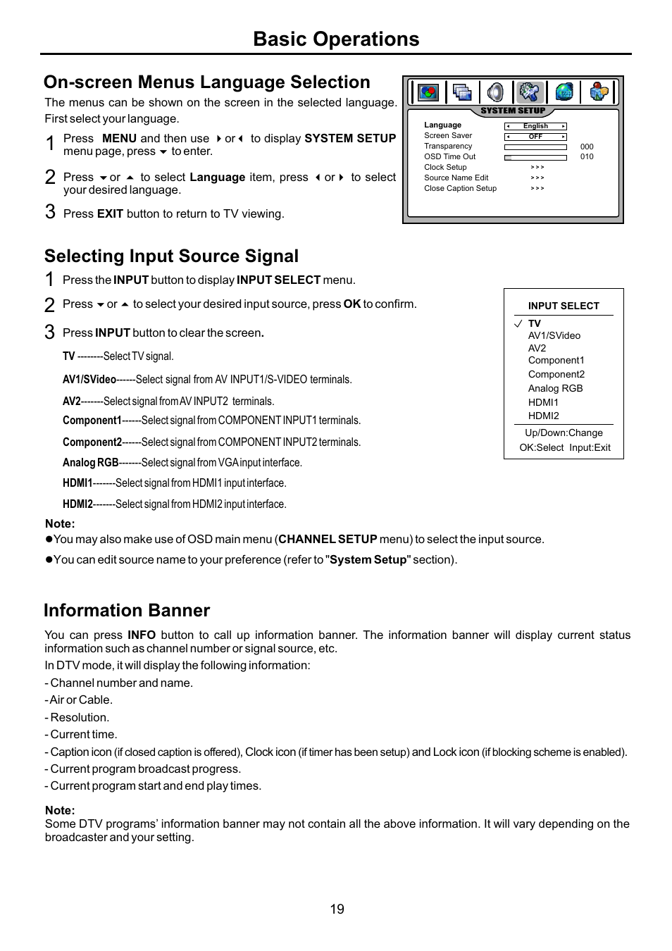 页面 21, 3basic operations, On-screen menus language selection | Selecting input source signal, Information banner | Audiovox FPE4207HR User Manual | Page 21 / 55