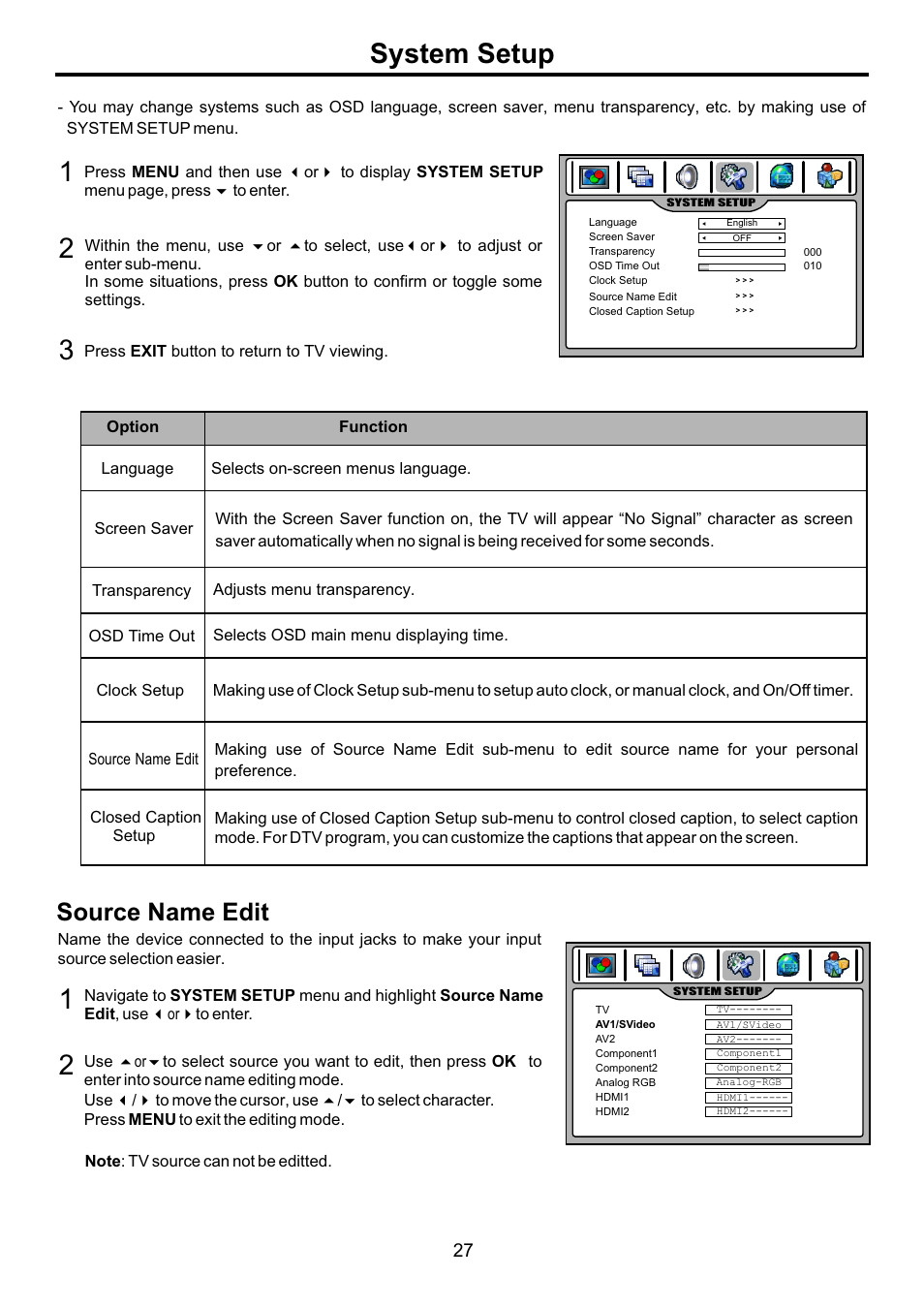 页面 29, System setup 1 2, Source name edit | Audiovox FPE4207HR User Manual | Page 29 / 55