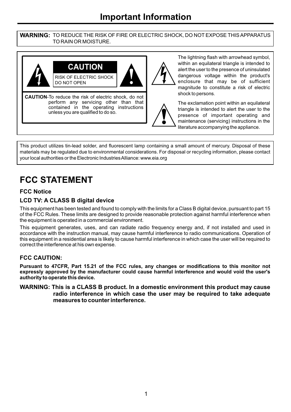页面 3, Fcc statement, Important information | Caution | Audiovox FPE4207HR User Manual | Page 3 / 55