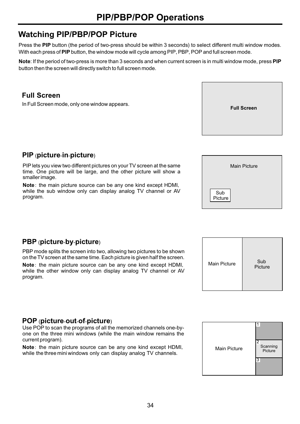 页面 36, Pip/pbp/pop operations, Watching pip/pbp/pop picture | Full, Screen, Picture | Audiovox FPE4207HR User Manual | Page 36 / 55
