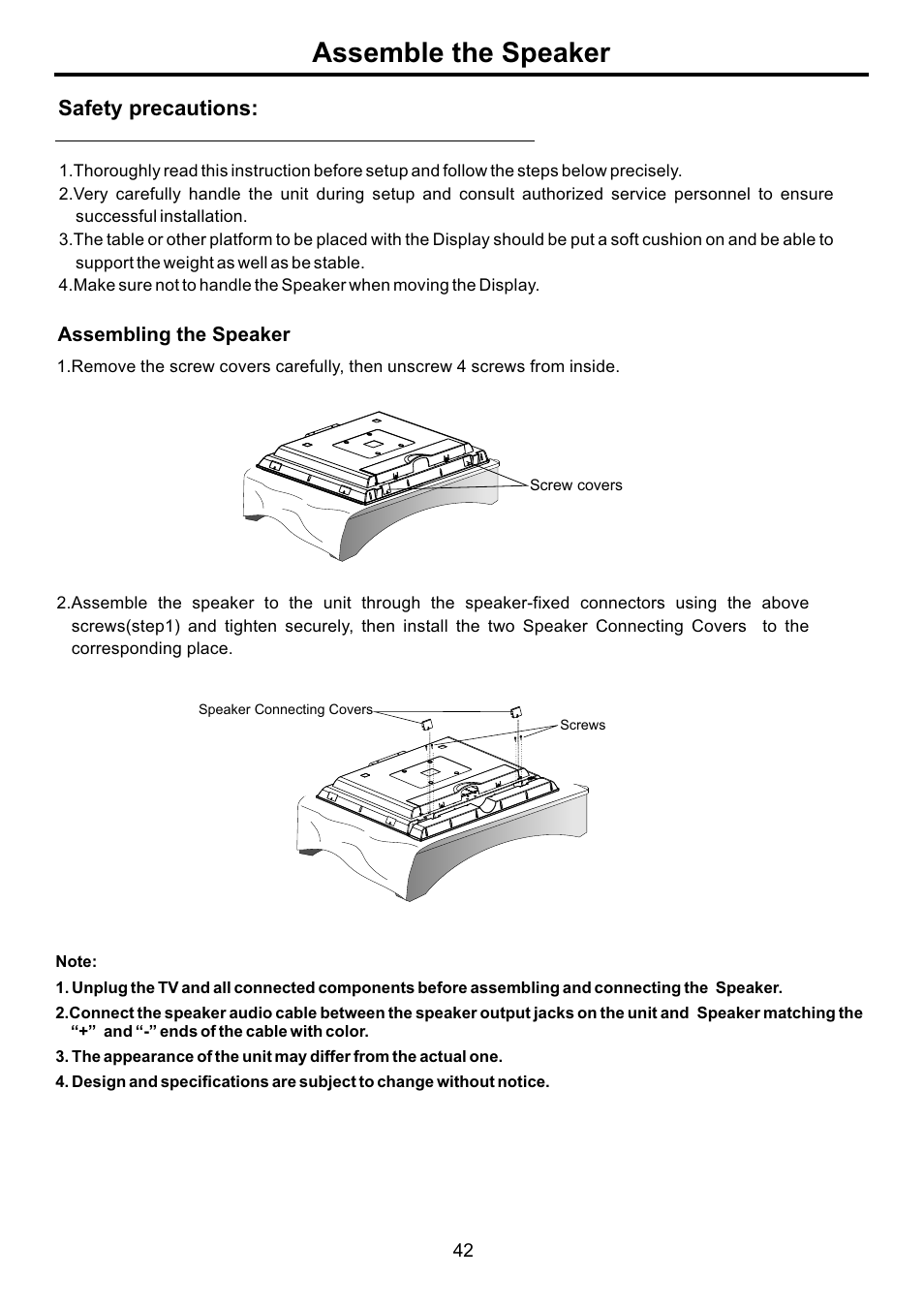 页面 44, Assemble the speaker, Safety precautions | Audiovox FPE4207HR User Manual | Page 44 / 55