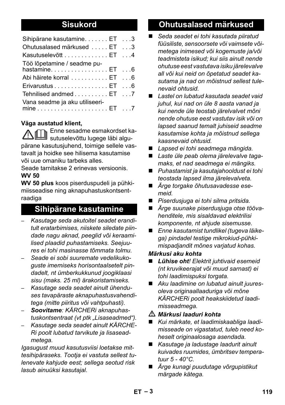 Eesti, Sisukord, Sihipärane kasutamine ohutusalased märkused | Karcher WV 50 Plus User Manual | Page 119 / 152