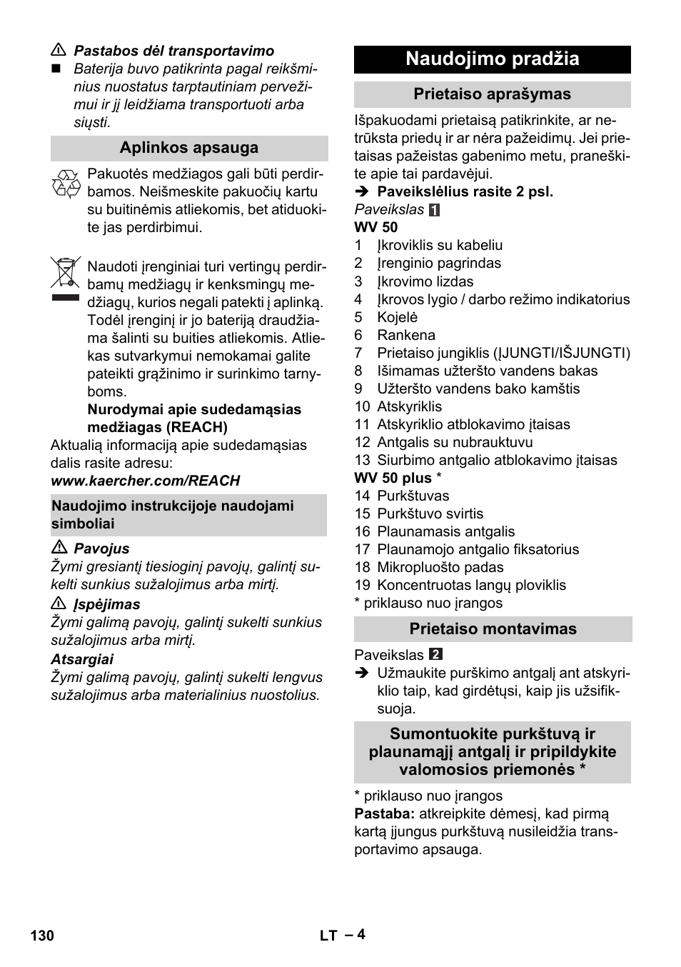 Naudojimo pradžia | Karcher WV 50 Plus User Manual | Page 130 / 152