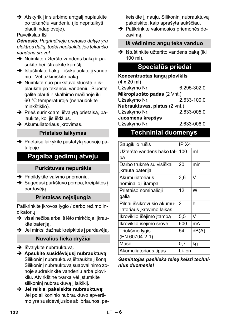 Pagalba gedimų atveju, Specialūs priedai techniniai duomenys | Karcher WV 50 Plus User Manual | Page 132 / 152