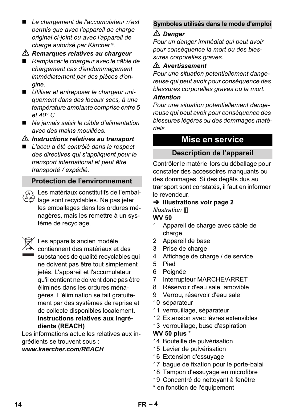 Mise en service | Karcher WV 50 Plus User Manual | Page 14 / 152