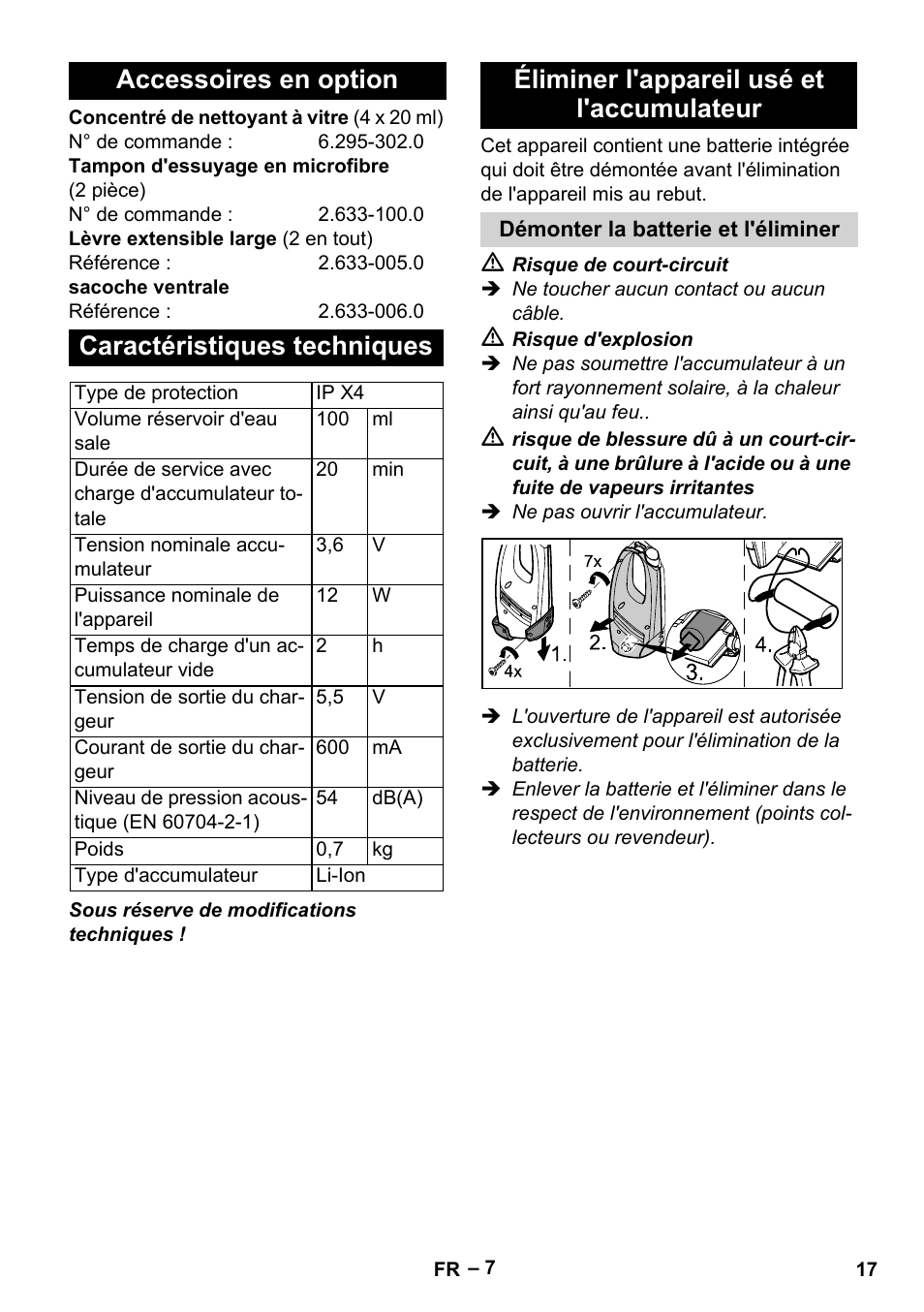 Accessoires en option caractéristiques techniques, Éliminer l'appareil usé et l'accumulateur | Karcher WV 50 Plus User Manual | Page 17 / 152