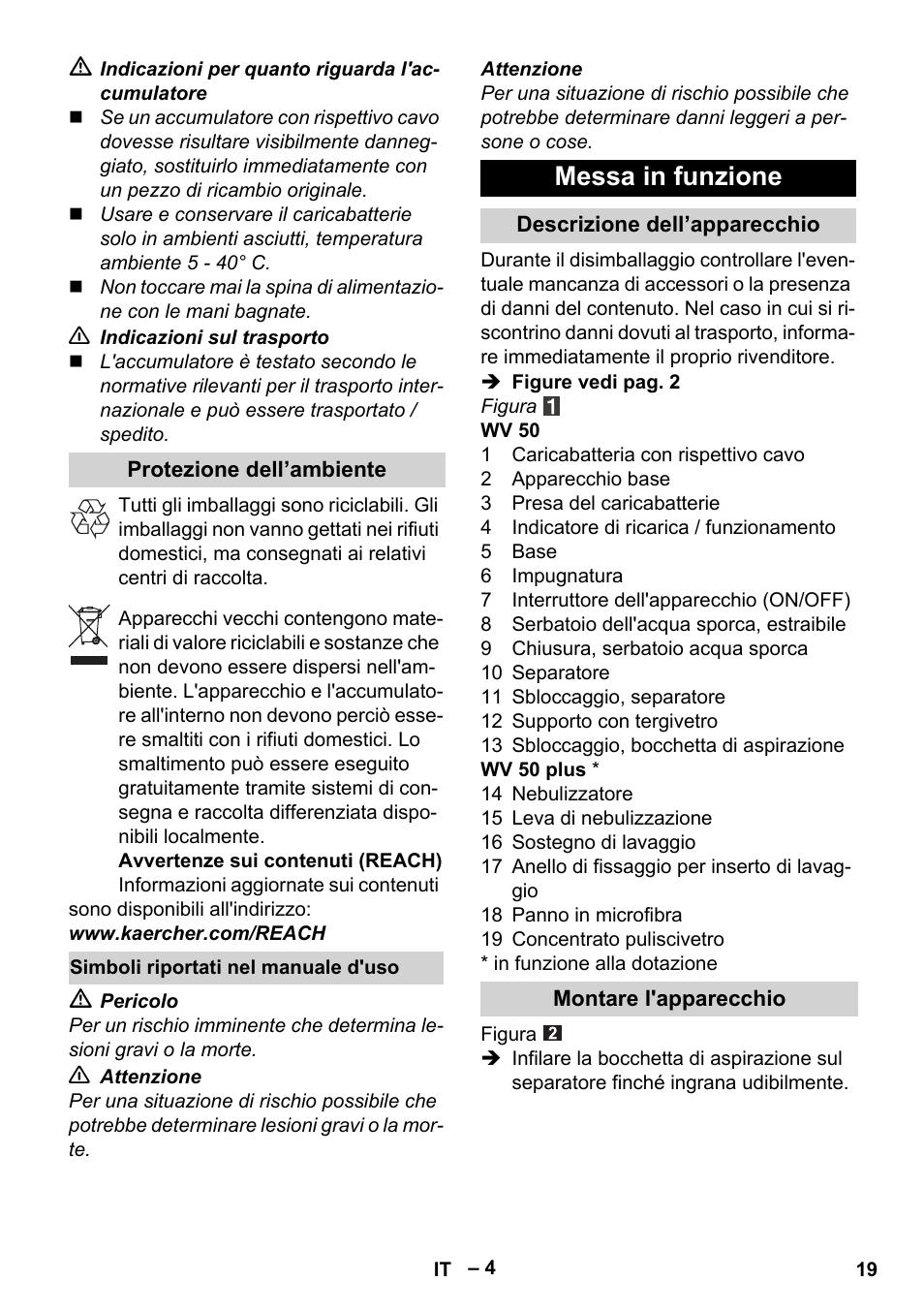 Messa in funzione | Karcher WV 50 Plus User Manual | Page 19 / 152