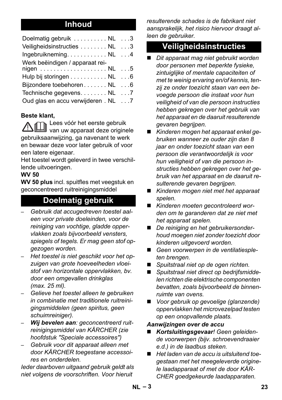 Nederlands, Inhoud, Doelmatig gebruik veiligheidsinstructies | Karcher WV 50 Plus User Manual | Page 23 / 152