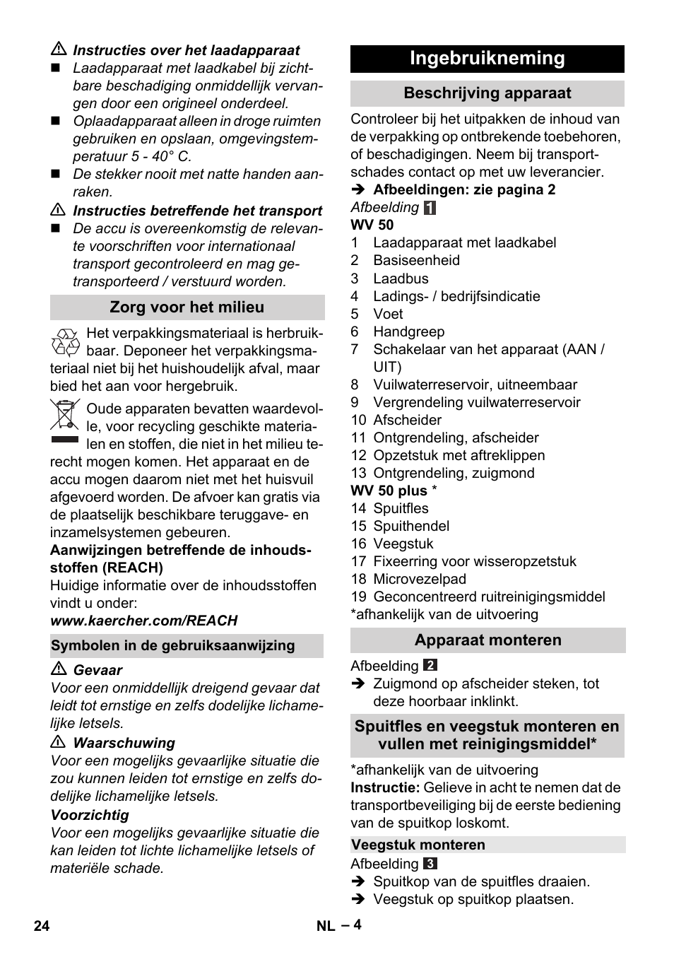 Ingebruikneming | Karcher WV 50 Plus User Manual | Page 24 / 152