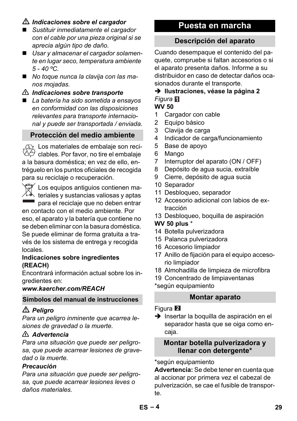 Puesta en marcha | Karcher WV 50 Plus User Manual | Page 29 / 152
