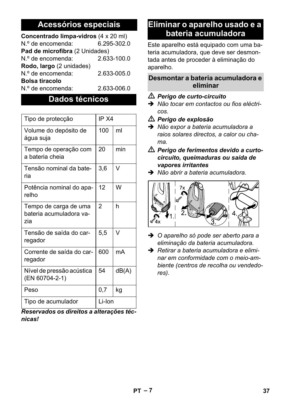 Acessórios especiais dados técnicos, Eliminar o aparelho usado e a bateria acumuladora | Karcher WV 50 Plus User Manual | Page 37 / 152