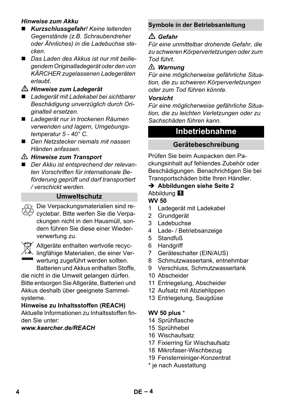 Inbetriebnahme | Karcher WV 50 Plus User Manual | Page 4 / 152