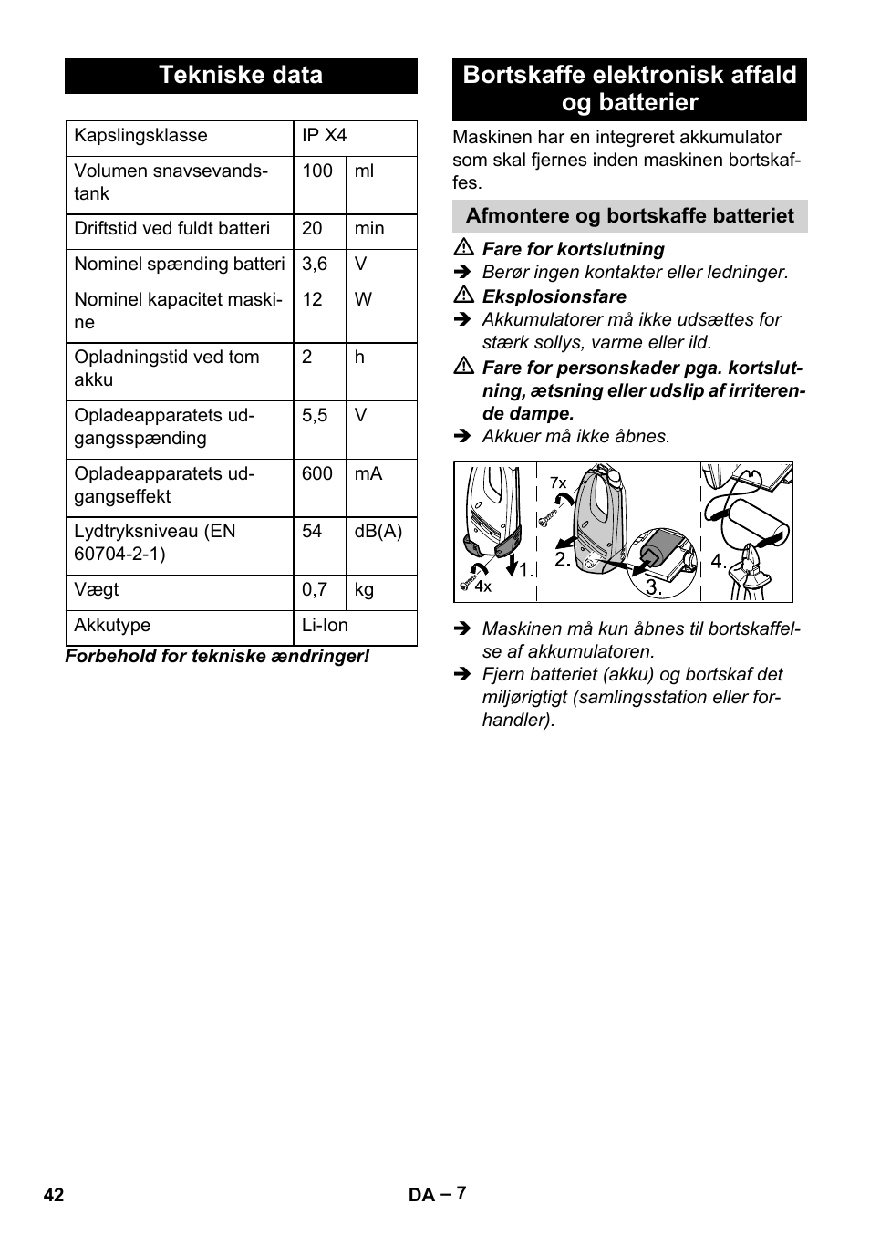 Tekniske data, Bortskaffe elektronisk affald og batterier | Karcher WV 50 Plus User Manual | Page 42 / 152