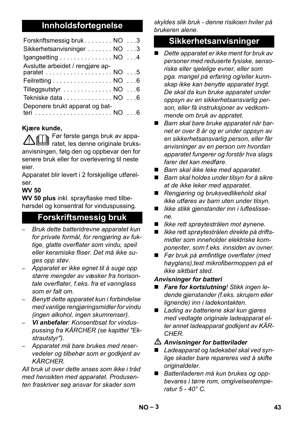 Norsk, Innholdsfortegnelse, Forskriftsmessig bruk sikkerhetsanvisninger | Karcher WV 50 Plus User Manual | Page 43 / 152