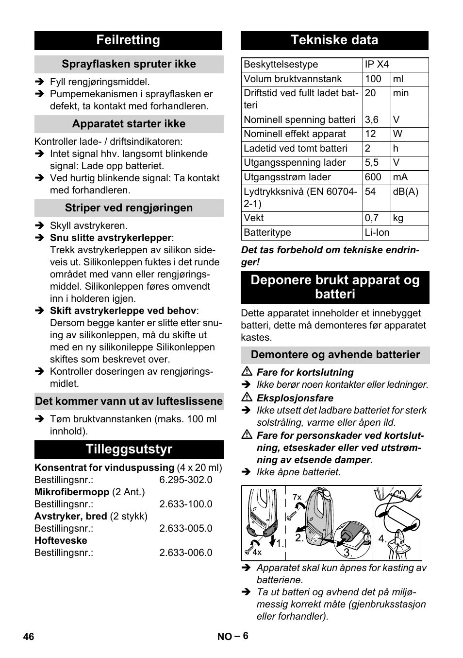 Feilretting, Tilleggsutstyr tekniske data, Deponere brukt apparat og batteri | Karcher WV 50 Plus User Manual | Page 46 / 152