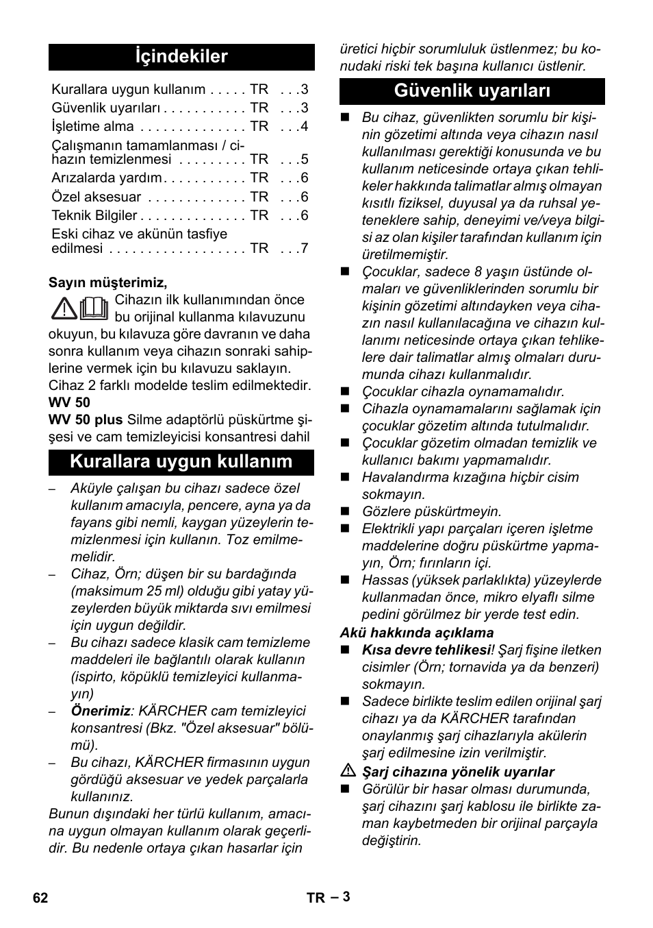 Türkçe, Içindekiler, Kurallara uygun kullanım güvenlik uyarıları | Karcher WV 50 Plus User Manual | Page 62 / 152