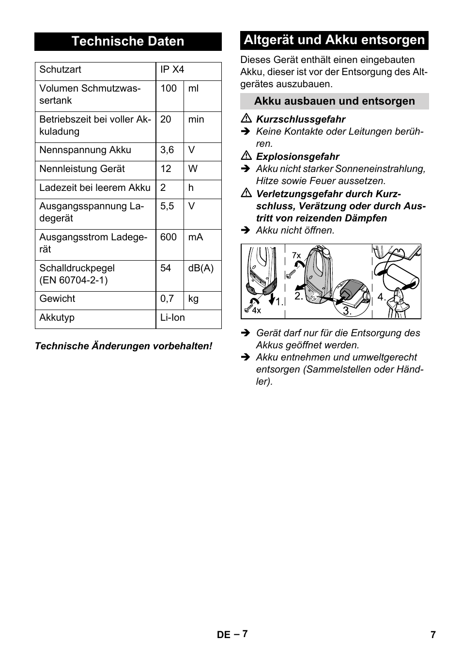 Technische daten, Altgerät und akku entsorgen | Karcher WV 50 Plus User Manual | Page 7 / 152