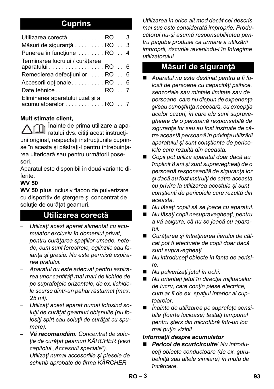 Româneşte, Românete, Cuprins | Utilizarea corectă măsuri de siguranţă | Karcher WV 50 Plus User Manual | Page 93 / 152