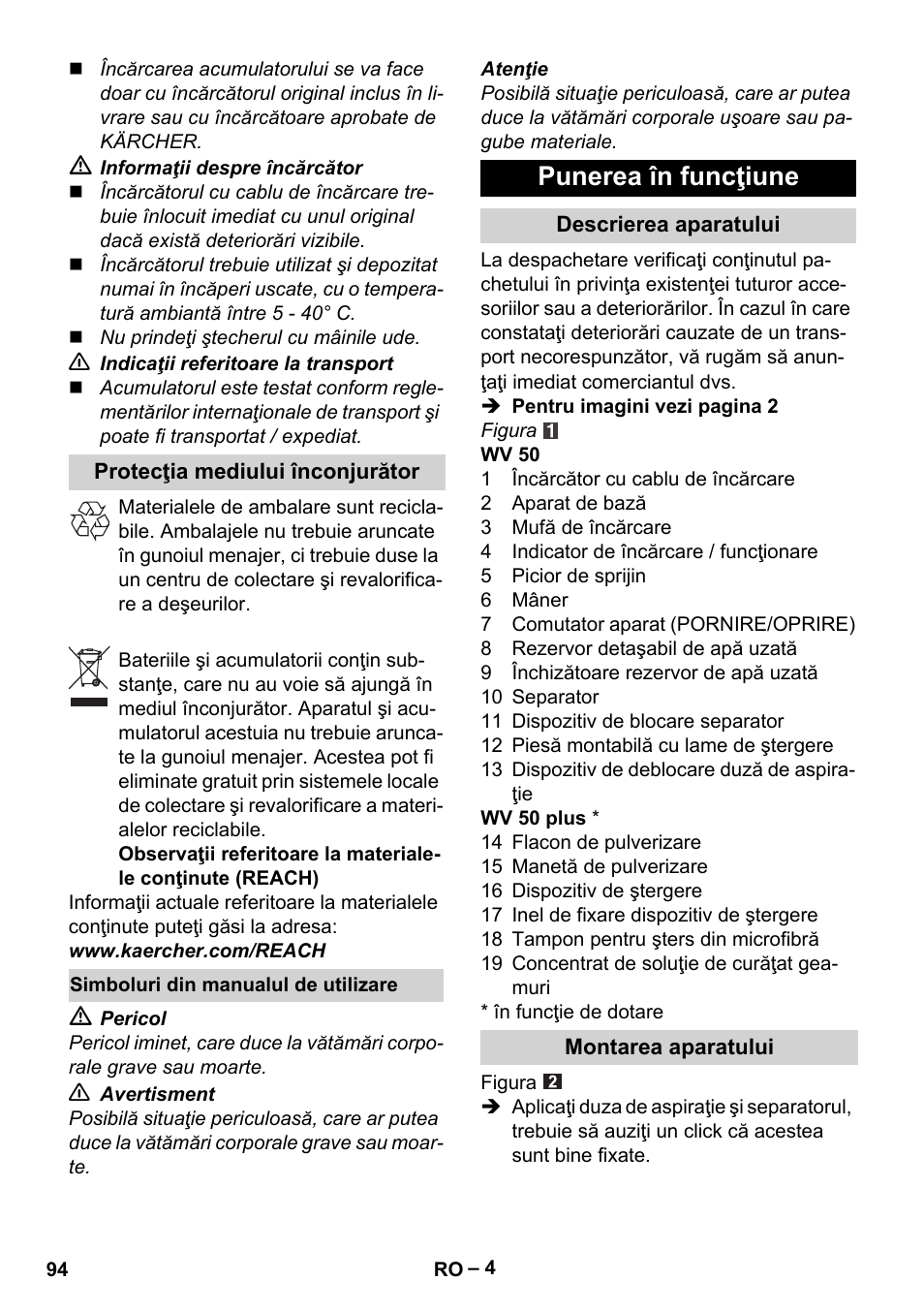Punerea în funcţiune | Karcher WV 50 Plus User Manual | Page 94 / 152