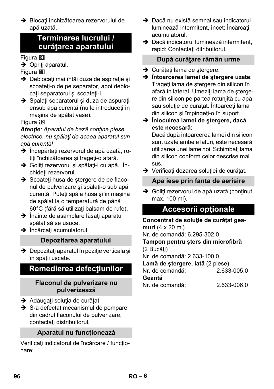 Terminarea lucrului / curăţarea aparatului, Remedierea defecţiunilor, Accesorii opţionale | Karcher WV 50 Plus User Manual | Page 96 / 152