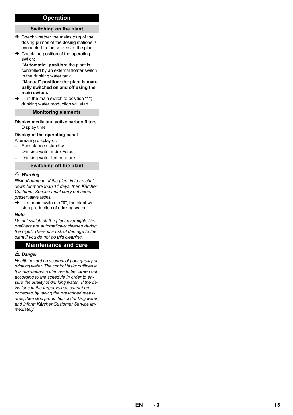 Operation, Maintenance and care | Karcher Úpravna vody WPC 10000 SW User Manual | Page 15 / 32
