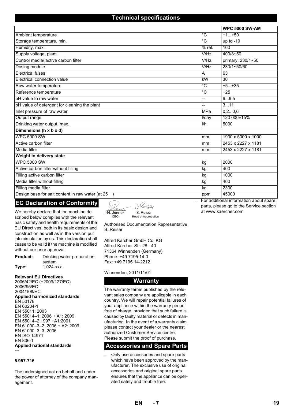 Technical specifications, Ec declaration of conformity, Warranty accessories and spare parts | Karcher Úpravna vody WPC 10000 SW User Manual | Page 19 / 32