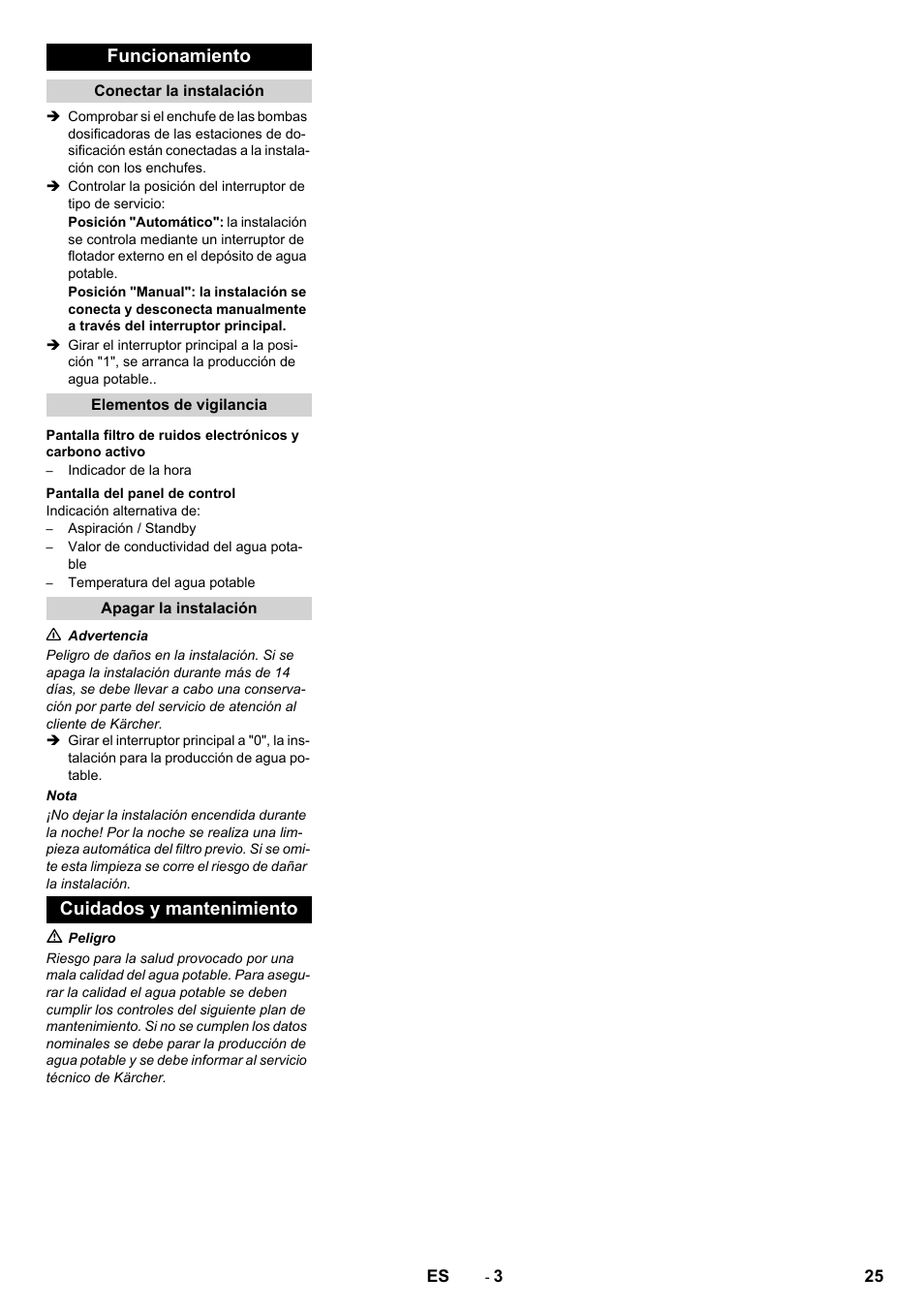 Funcionamiento, Cuidados y mantenimiento | Karcher Úpravna vody WPC 10000 SW User Manual | Page 25 / 32