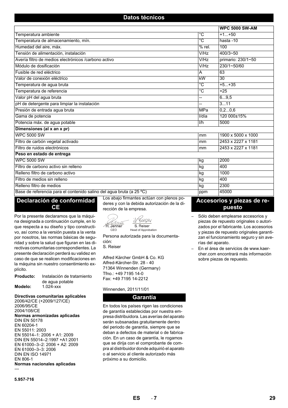 Datos técnicos, Declaración de conformidad ce, Garantía | Accesorios y piezas de re- puesto | Karcher Úpravna vody WPC 10000 SW User Manual | Page 29 / 32