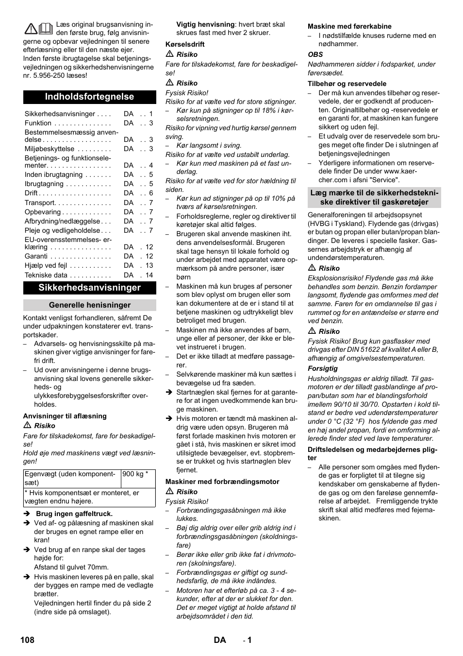 Dansk, Indholdsfortegnelse, Sikkerhedsanvisninger | Karcher KM 130-300 R Lpg User Manual | Page 108 / 448