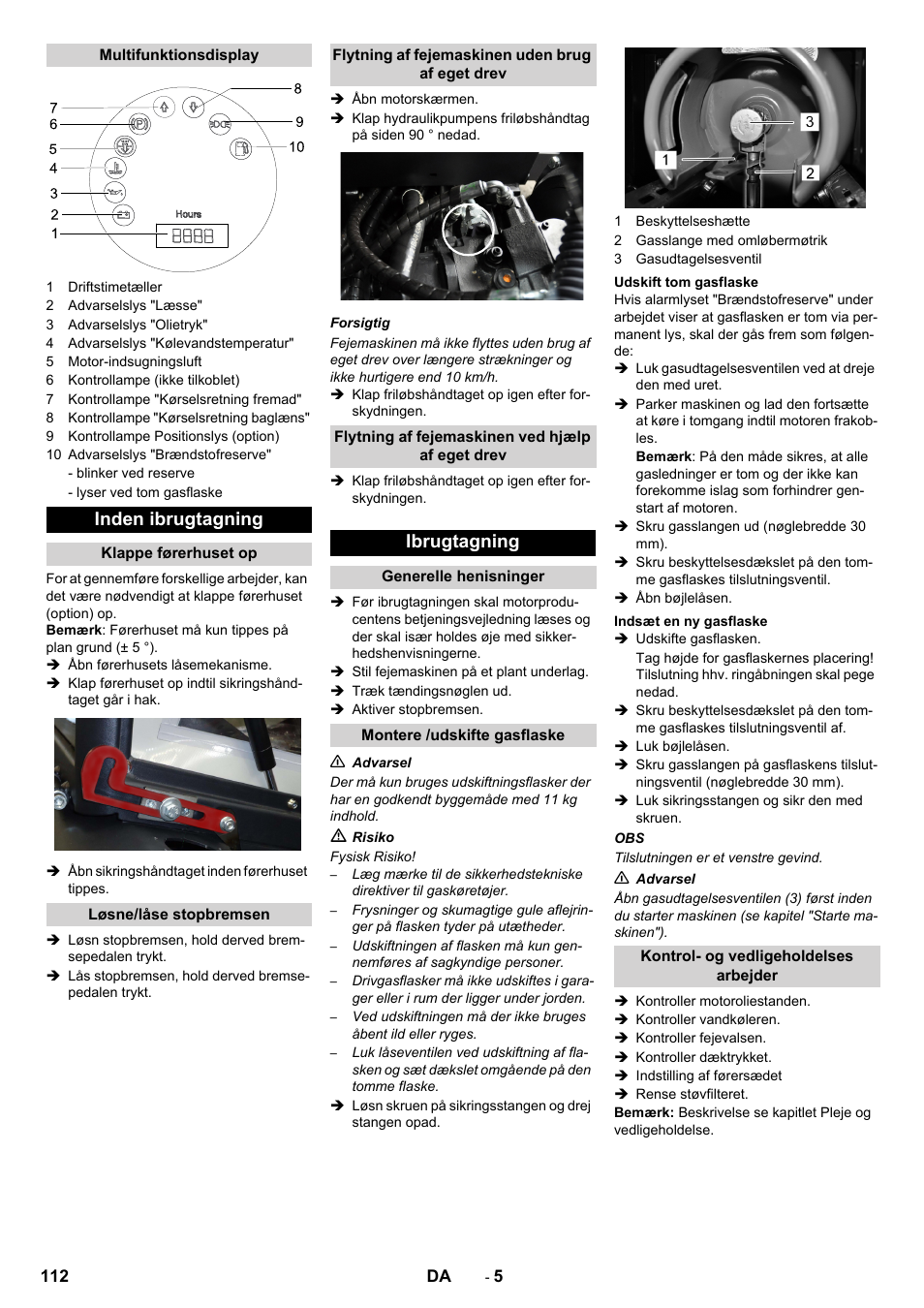 Inden ibrugtagning, Ibrugtagning | Karcher KM 130-300 R Lpg User Manual | Page 112 / 448
