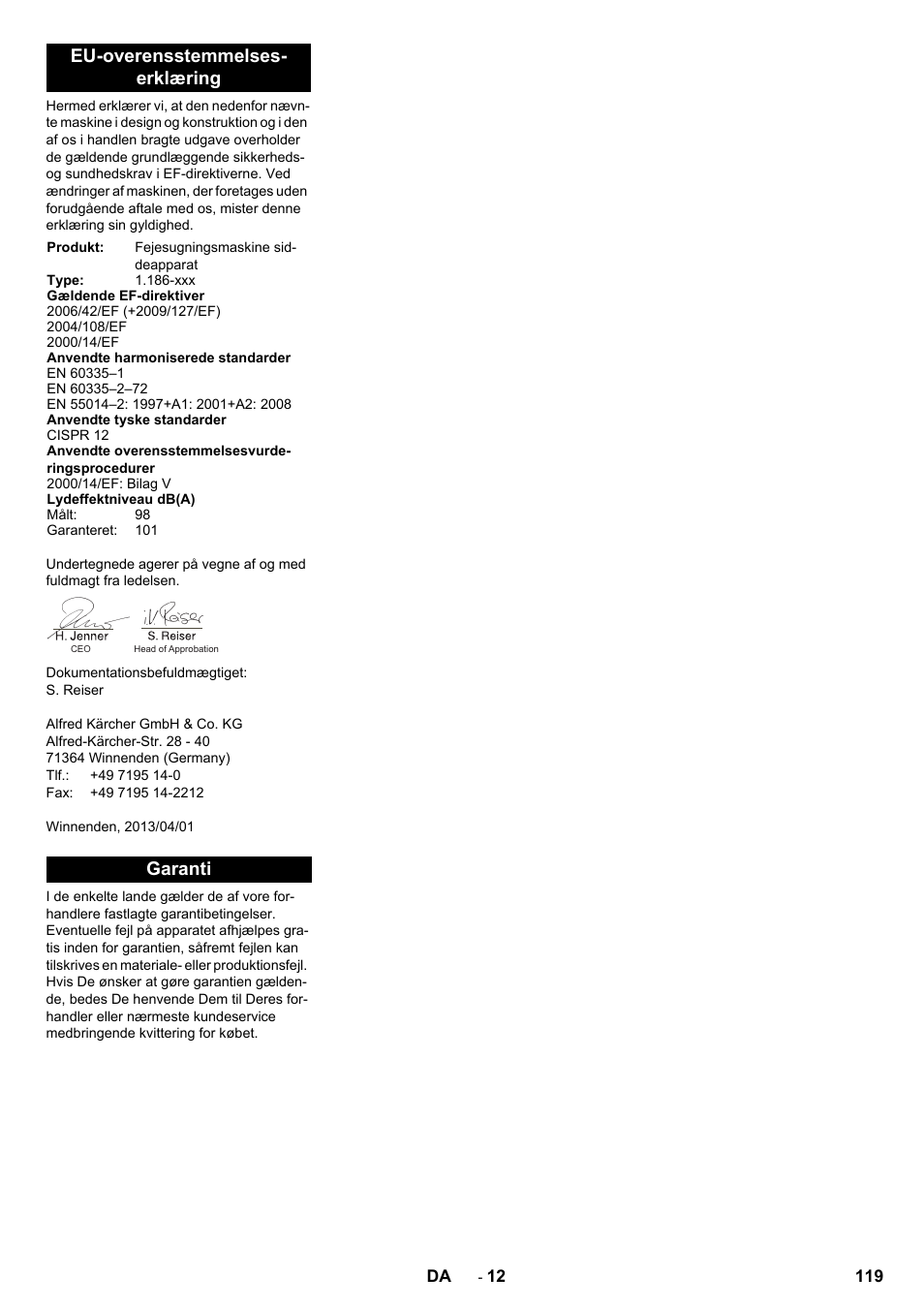 Eu-overensstemmelses- erklæring, Garanti | Karcher KM 130-300 R Lpg User Manual | Page 119 / 448