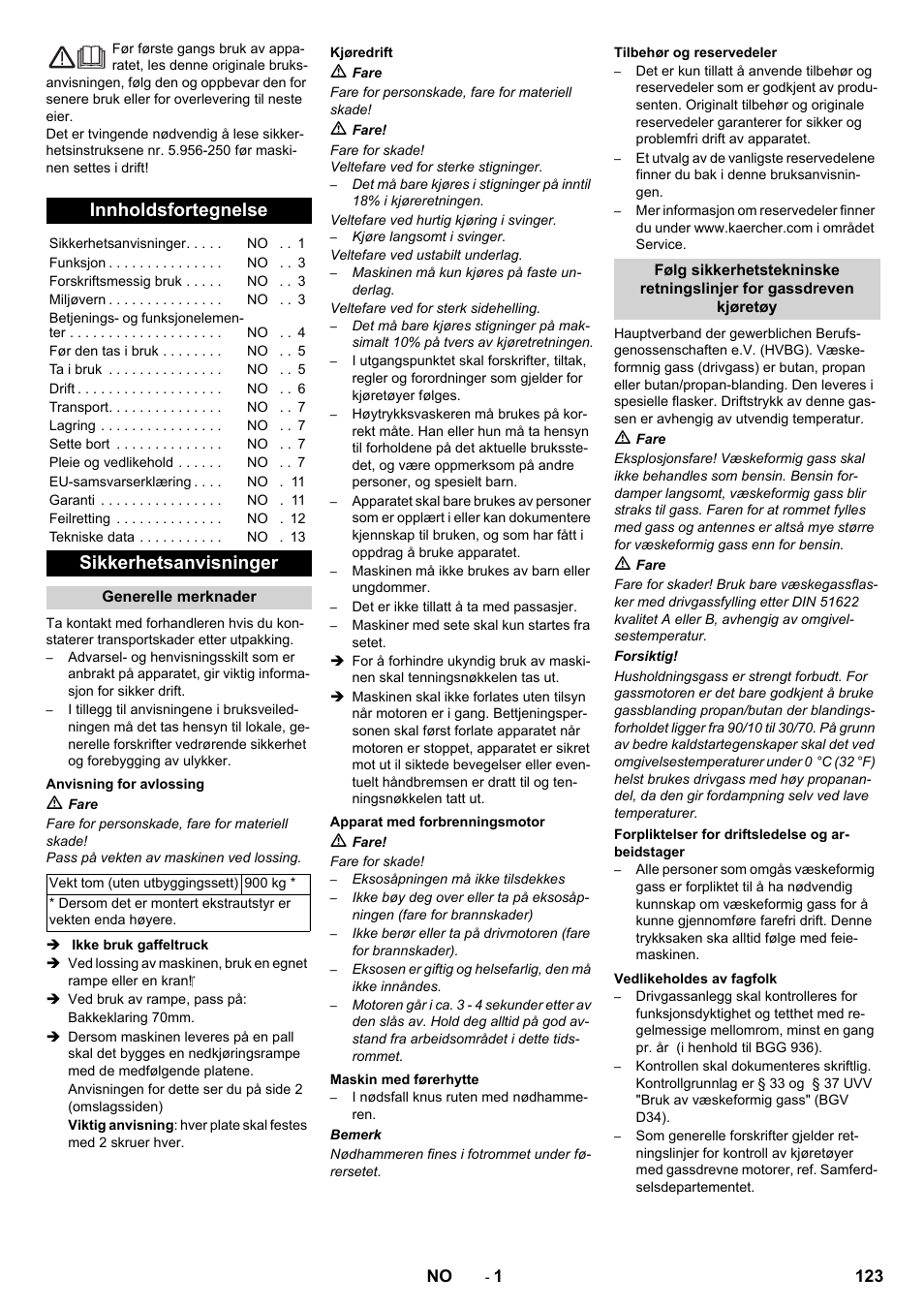 Norsk, Innholdsfortegnelse, Sikkerhetsanvisninger | Karcher KM 130-300 R Lpg User Manual | Page 123 / 448