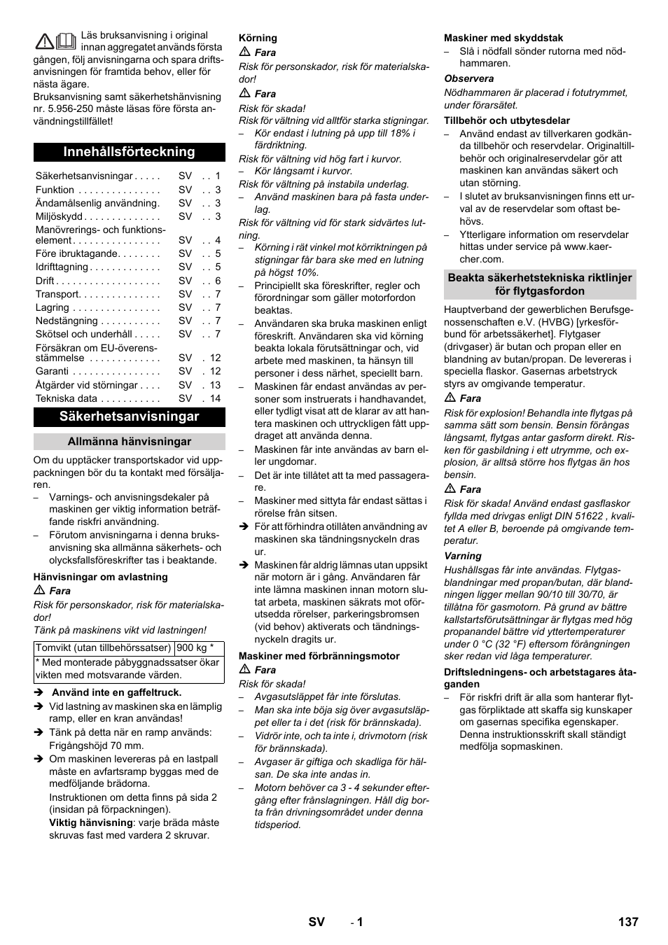 Svenska, Innehållsförteckning, Säkerhetsanvisningar | Karcher KM 130-300 R Lpg User Manual | Page 137 / 448