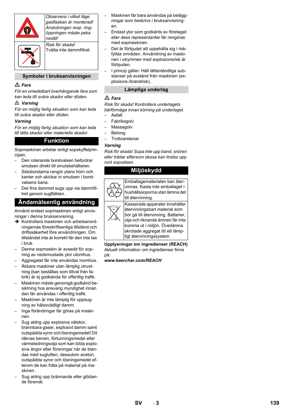 Funktion ändamålsenlig användning, Miljöskydd | Karcher KM 130-300 R Lpg User Manual | Page 139 / 448